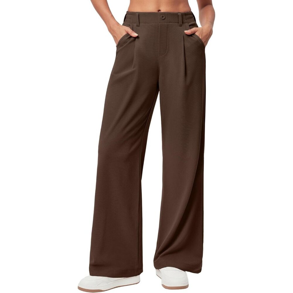 Women Stretchy Wide Leg Work Pants Pull On Coffee 28'' Tall Casual Dress Slack